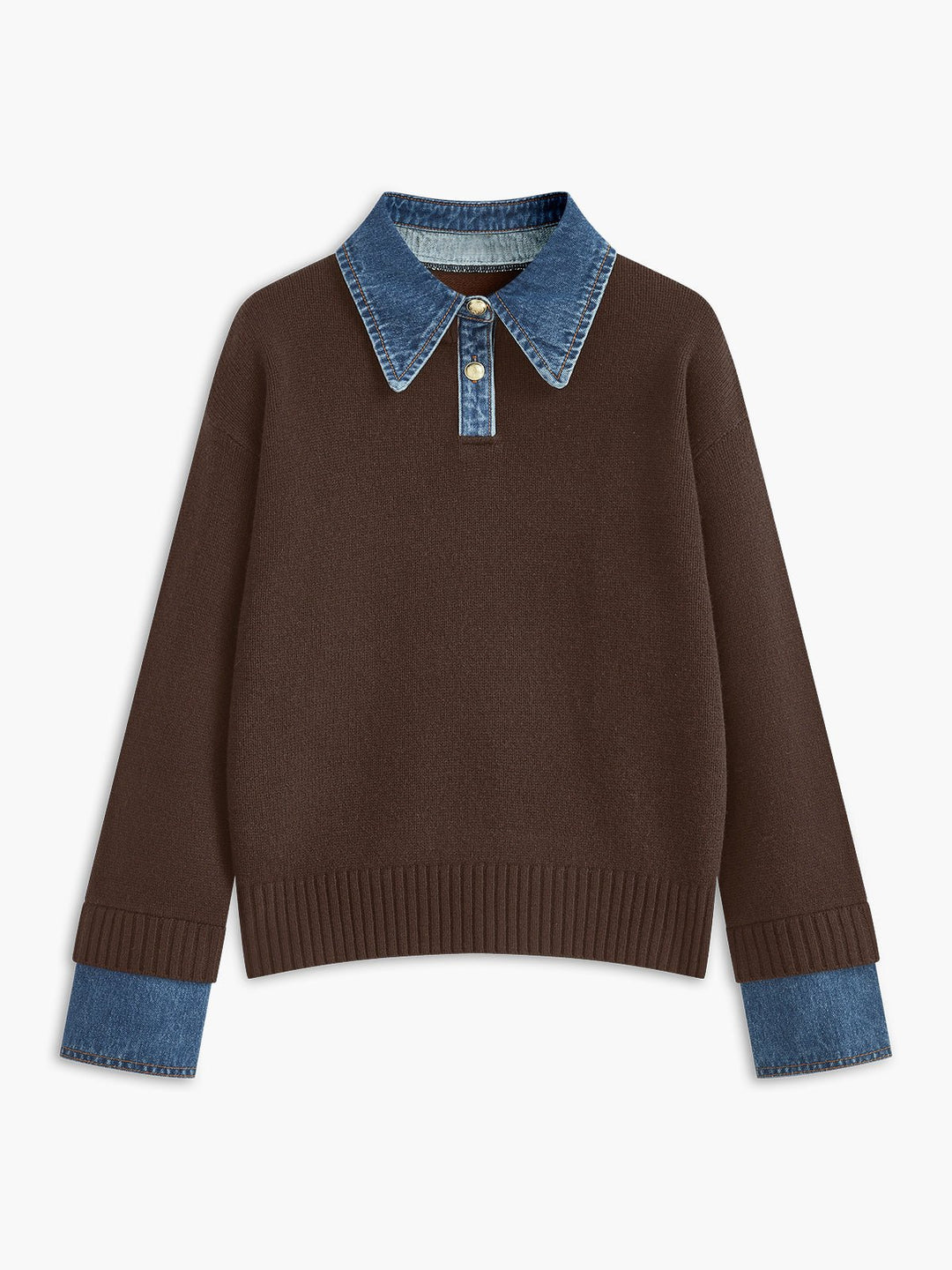 Women's Denim-Collar Knit Polo Sweater - Brown