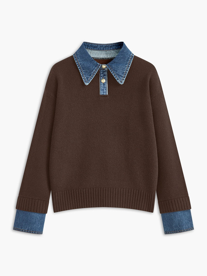 Women's Denim-Collar Knit Polo Sweater - Brown