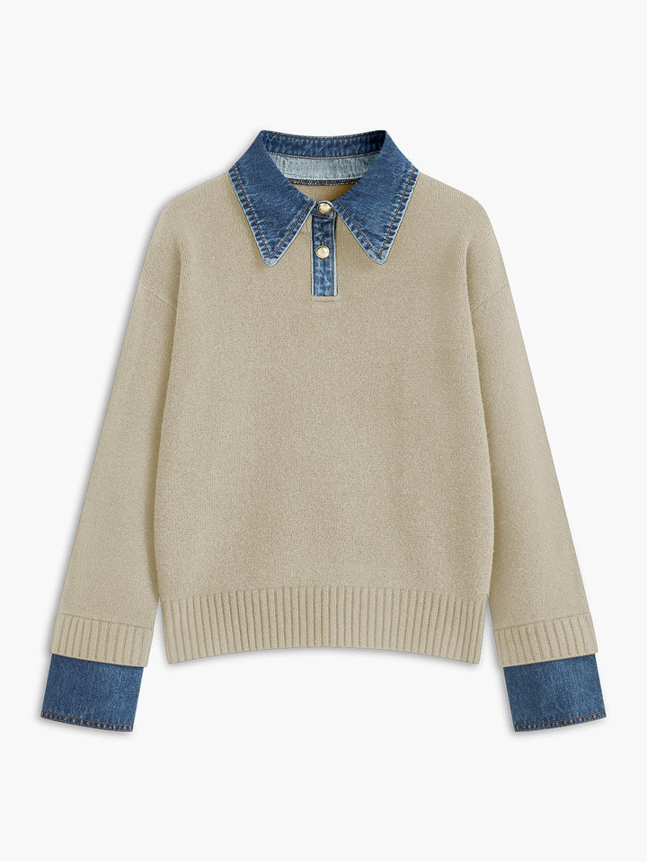 Women's Denim-Collar Knit Polo Sweater - Apricot