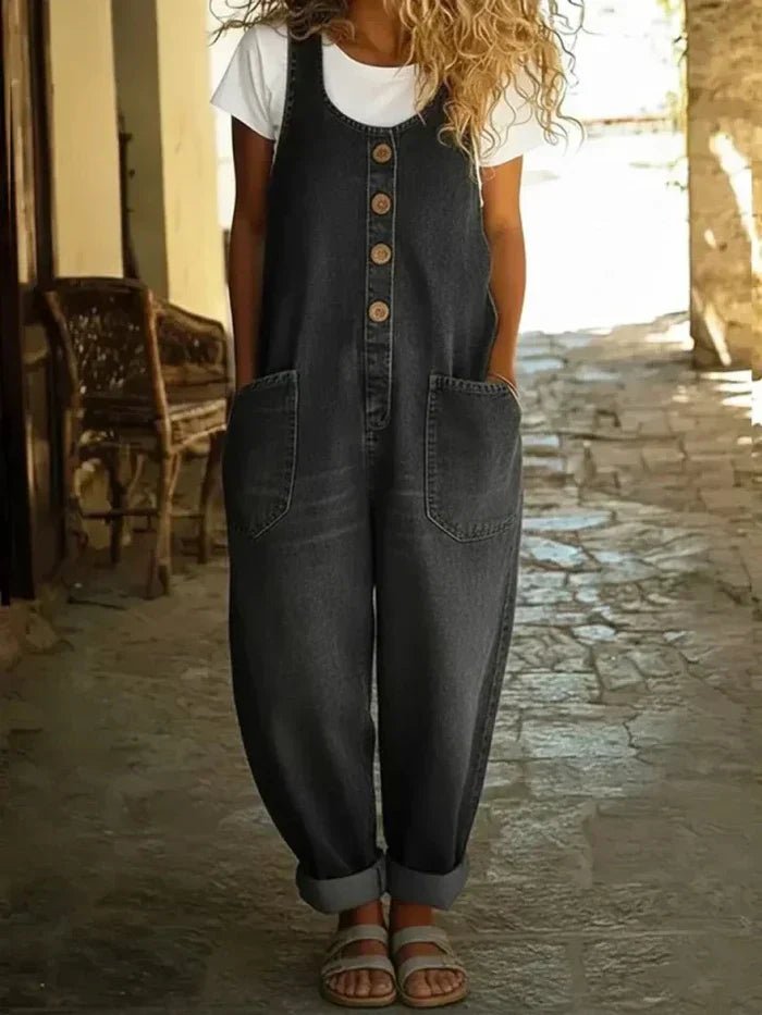 Women's Denim Overalls Sleeveless Loose Fit Button Front - Black