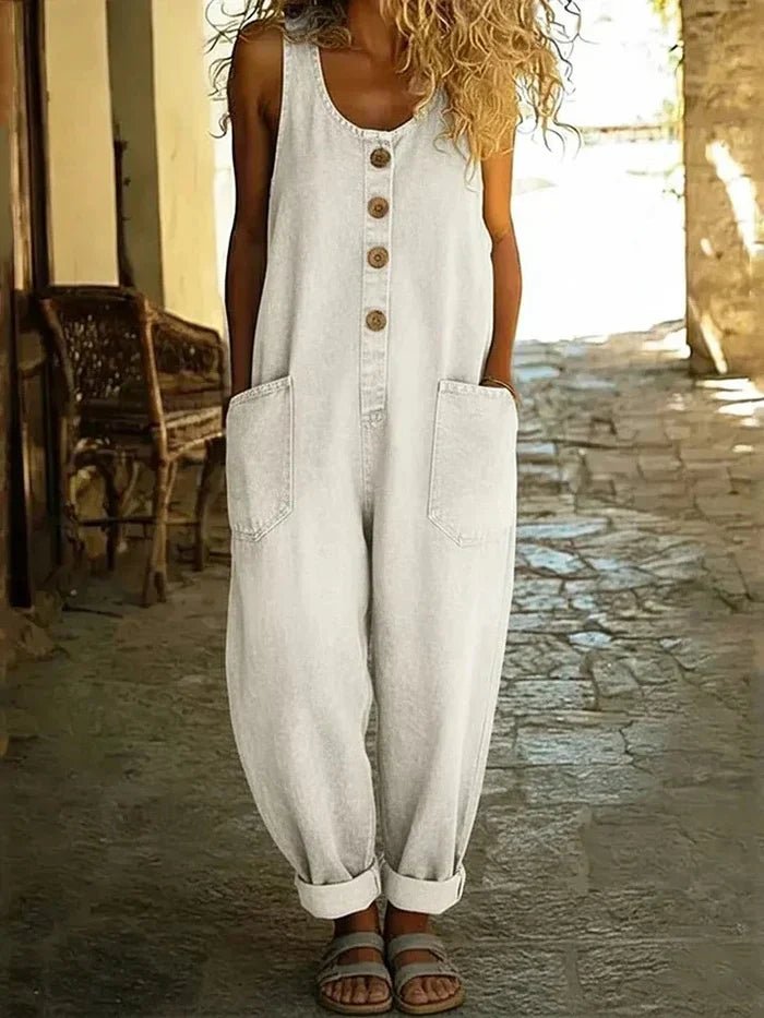 Women's Denim Overalls Sleeveless Loose Fit Button Front - White