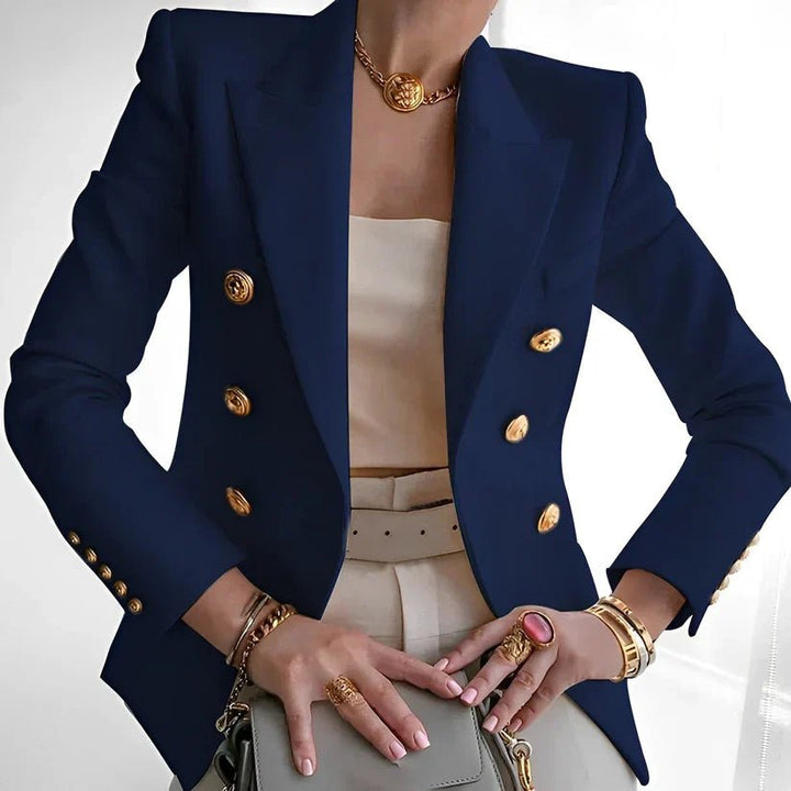 Women's Double-Breasted Blazer with Gold Buttons - Navy Blue