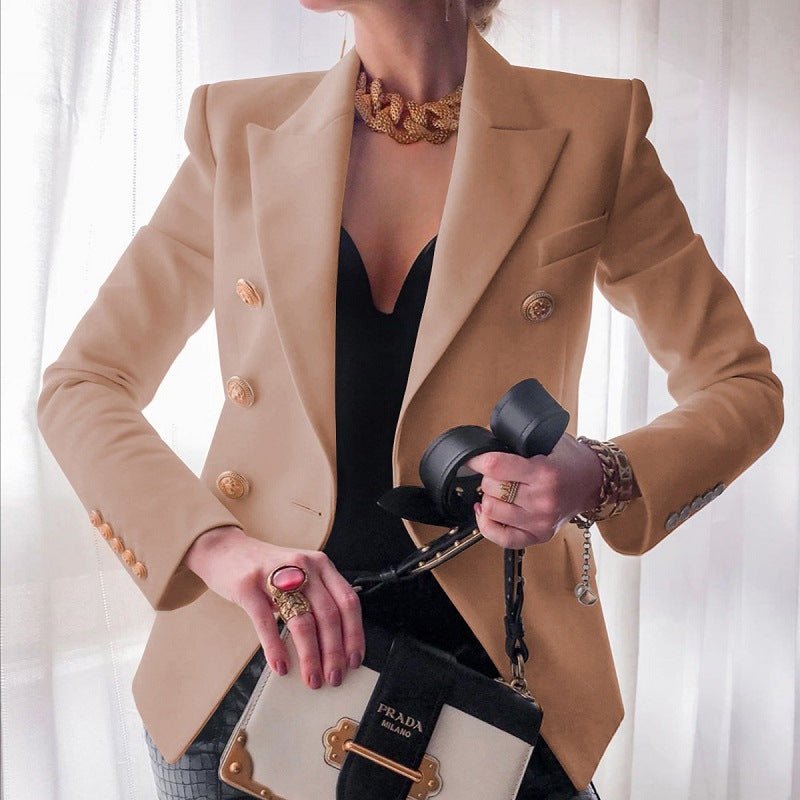 Women's Double-Breasted Blazer with Gold Buttons - Beige