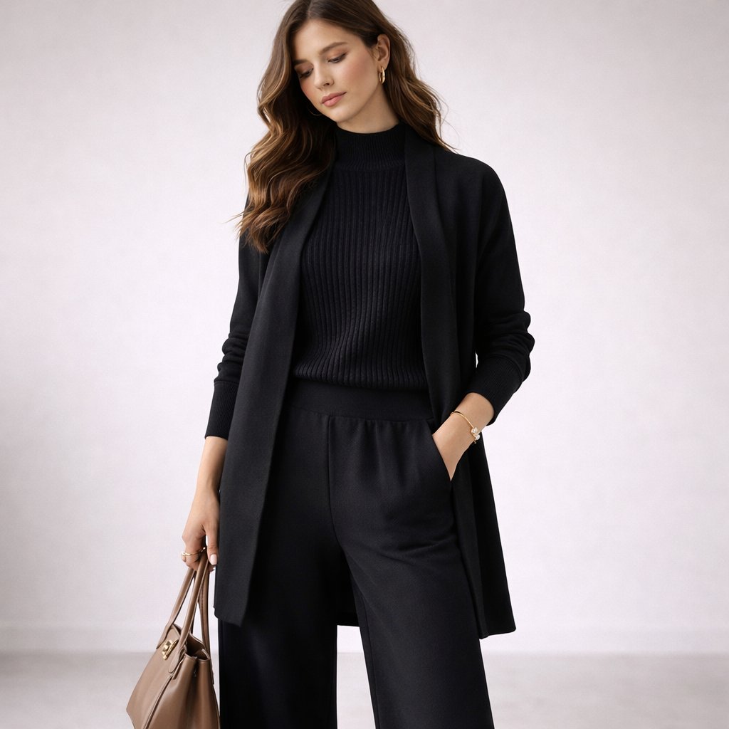 Women's Elegant Three-Piece Knit Lounge Set Evening Gown Cardigan - Black