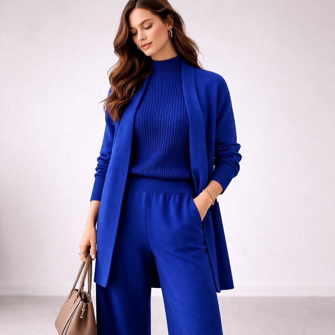 Women's Elegant Three-Piece Knit Lounge Set Evening Gown Cardigan - Blue