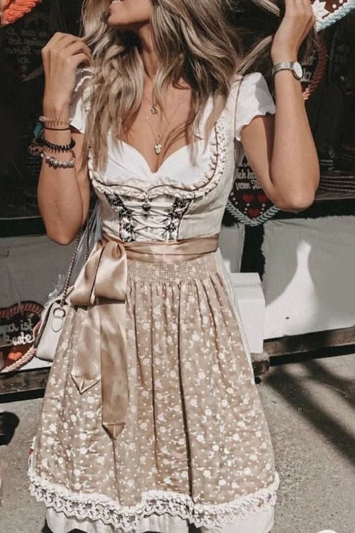 Women's Embroidered Dirndl Cocktail Dress Lace-Trim Floral Midi