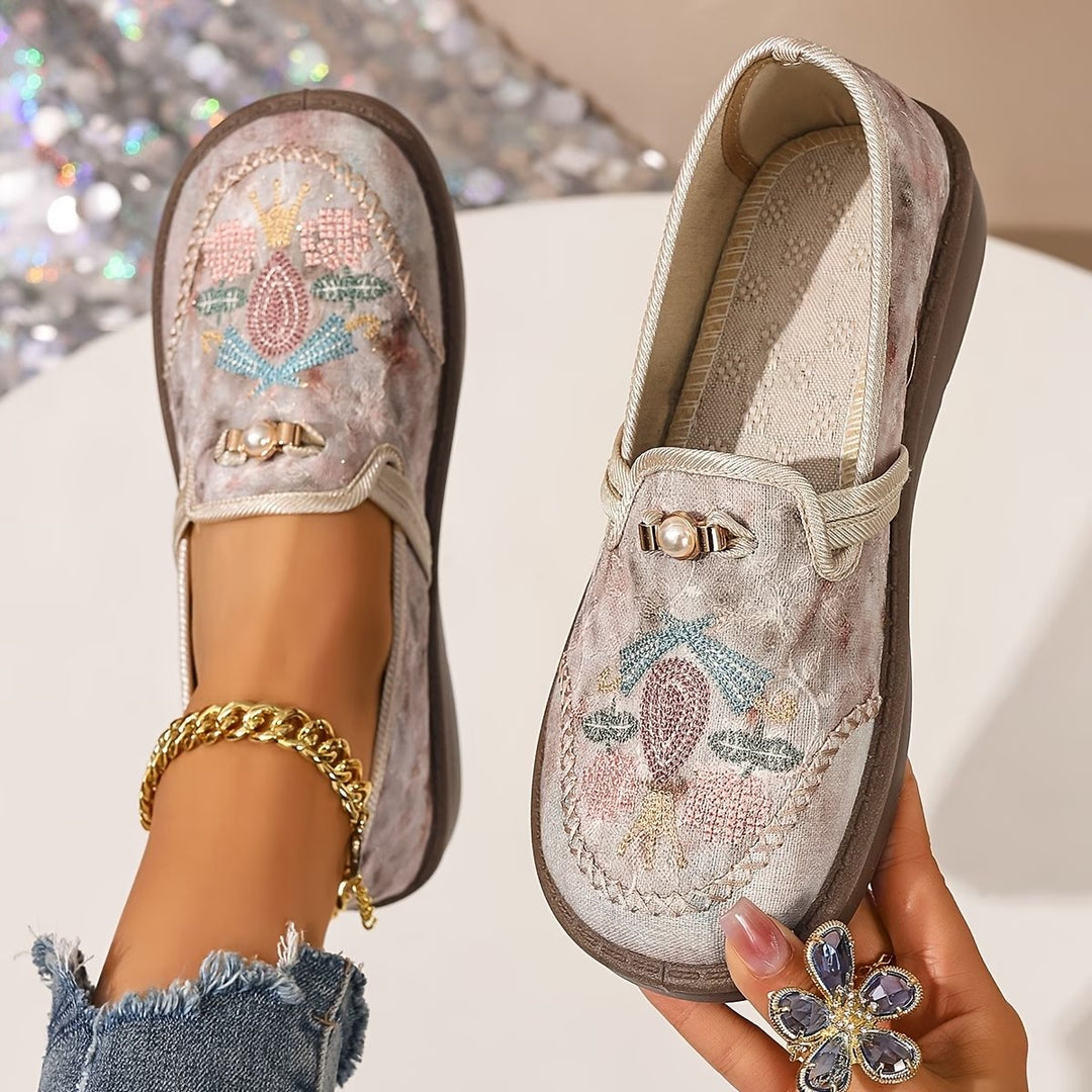Women's Embroidered Floral Slip-On Loafers - Beige