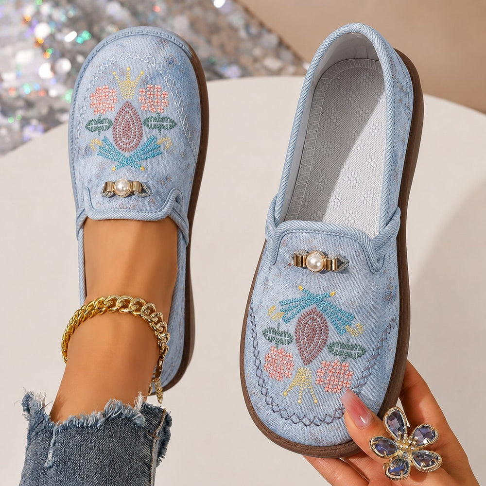 Women's Embroidered Floral Slip-On Loafers - Gray