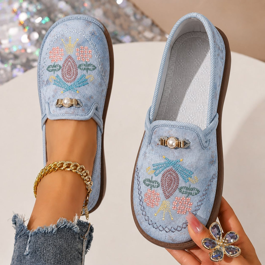 Women's Embroidered Floral Slip-On Loafers - Gray