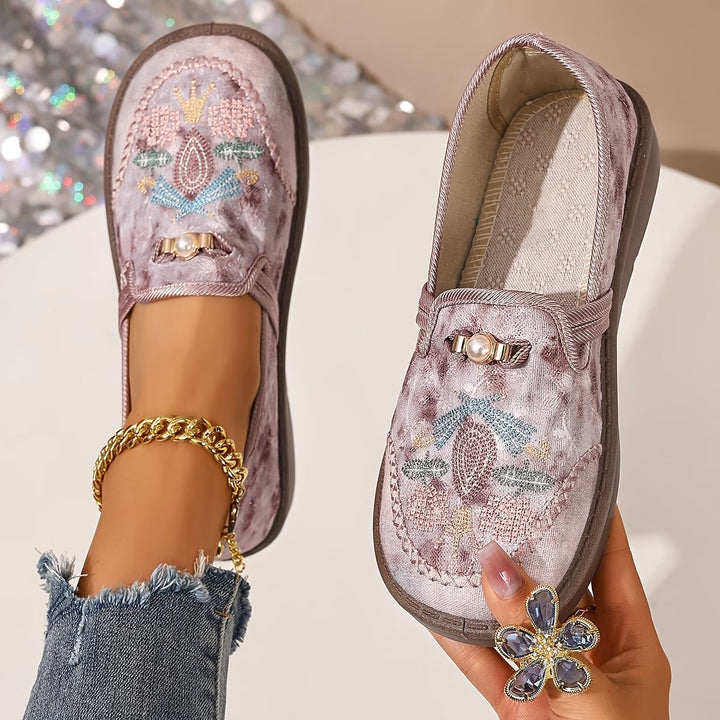 Women's Embroidered Floral Slip-On Loafers - Pink