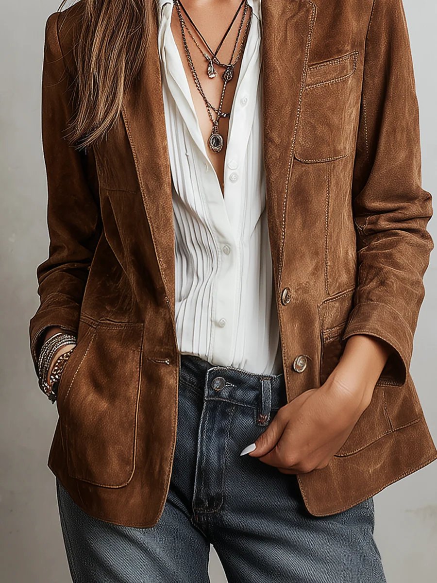 Women's Faux Suede Blazer Tailored Fit Button Front