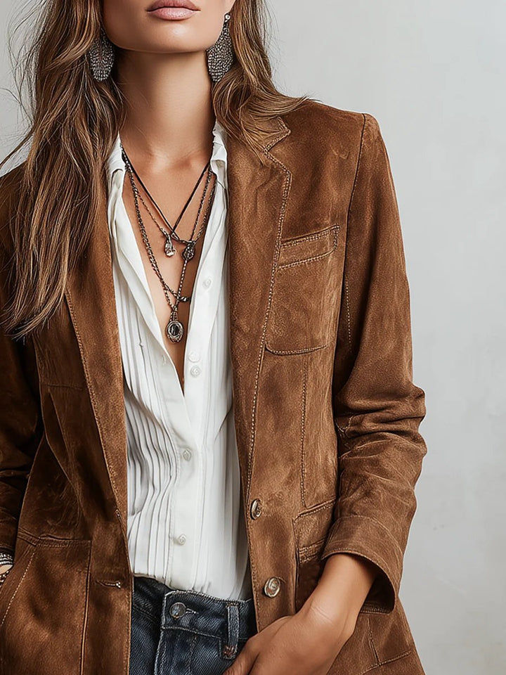 Women's Faux Suede Tailored Single-Breasted Cardigan Blazer - Brown
