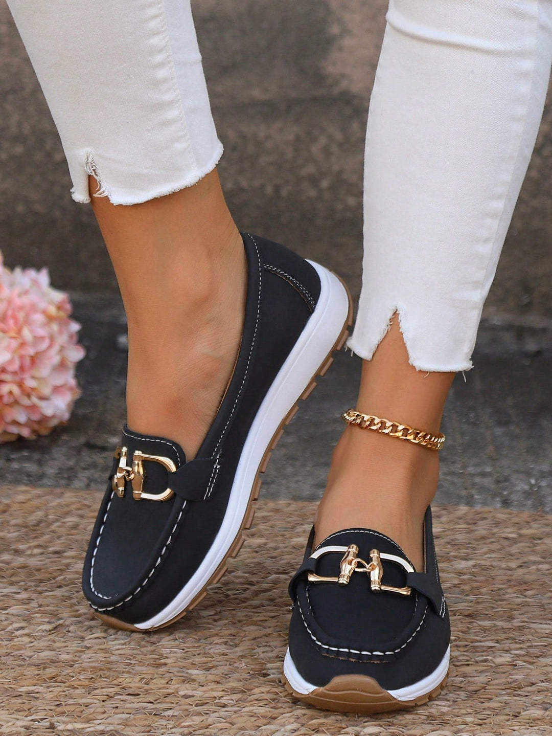 Women's Flat Loafers Slip-On Buckle Comfort Walking Shoes - Black