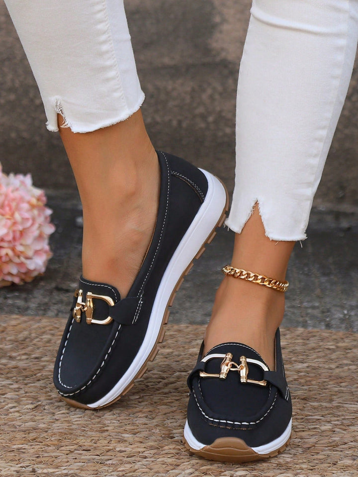 Women's Flat Loafers Slip-On Buckle Comfort Walking Shoes - Black