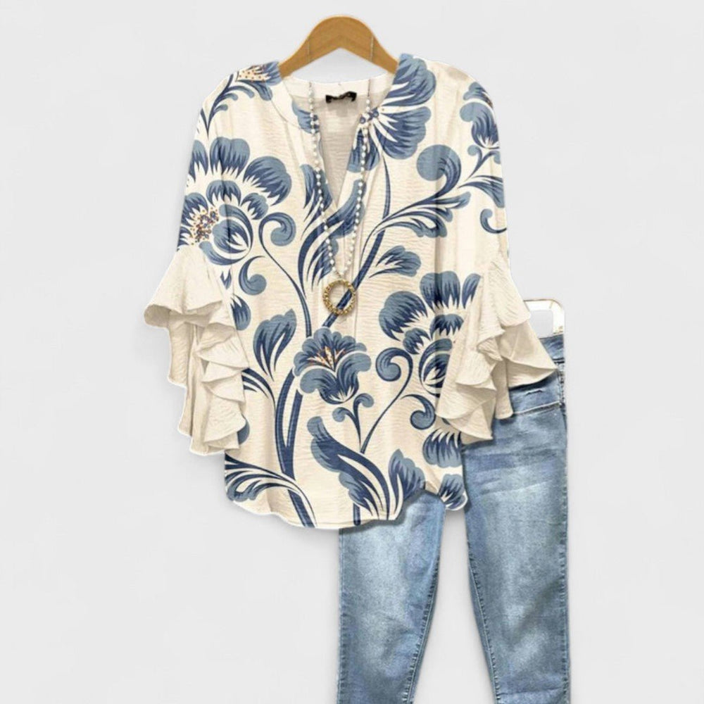 Women's Floral Blouse Ruffle Sleeves V-Neck Casual - White Blue