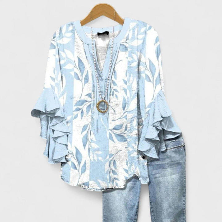 Women's Floral Blouse Ruffle Sleeves V-Neck Casual - Light Blue