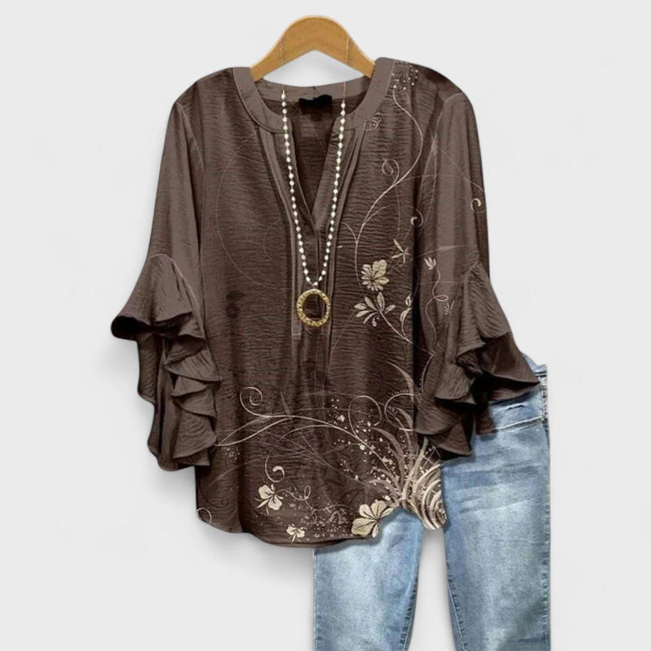 Women's Floral Blouse Ruffle Sleeves V-Neck Casual - Brown