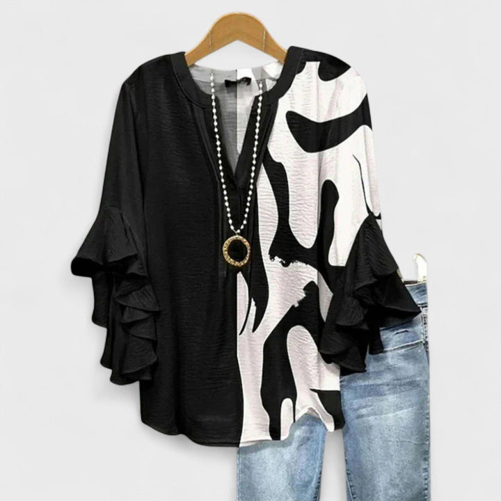 Women's Floral Blouse Ruffle Sleeves V-Neck Casual - Black