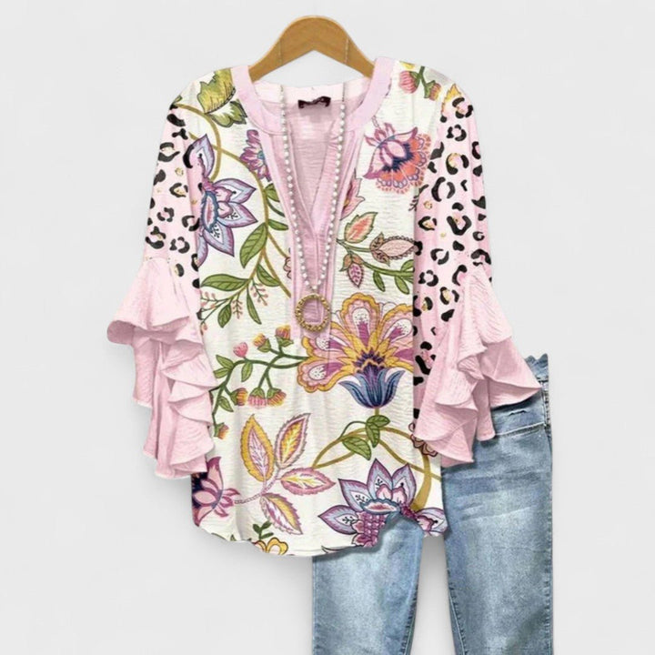 Women's Floral Blouse Ruffle Sleeves V-Neck Casual - Pink