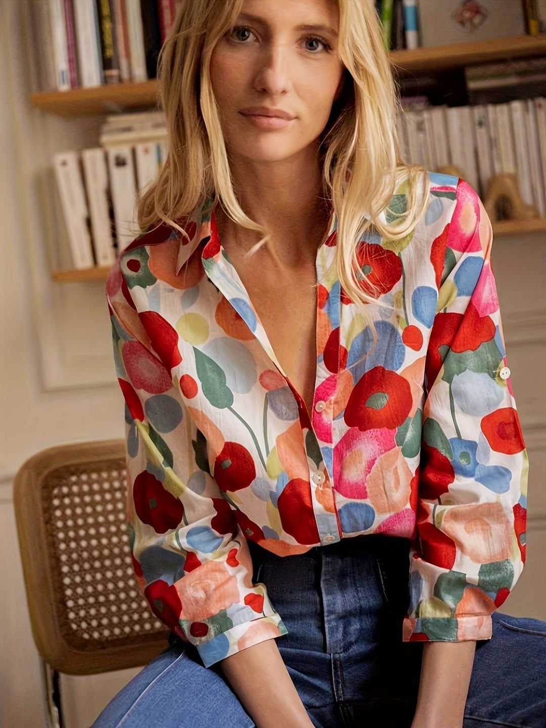 Women's Floral Button Down Blouse Long Sleeve Relaxed Fit