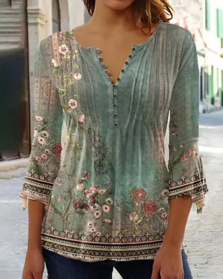 Women's Floral Long Sleeve Relaxed-Fit Henley Blouse - Green