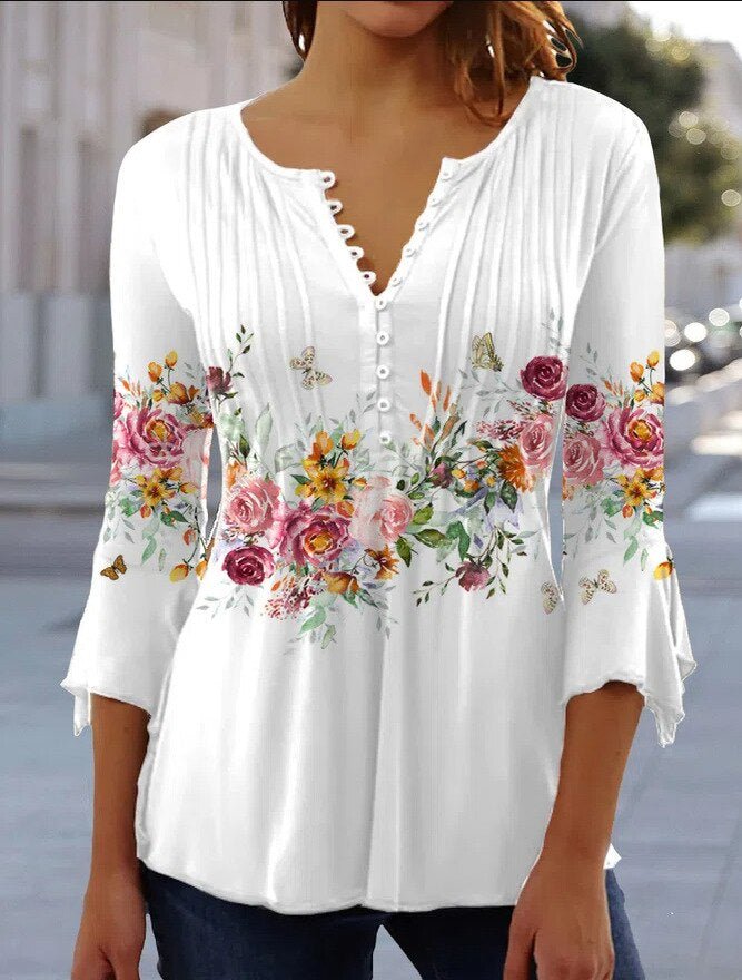 Women's Floral Long Sleeve Relaxed-Fit Henley Blouse - Floral White