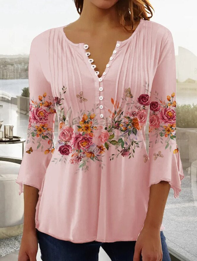 Women's Floral Long Sleeve Relaxed-Fit Henley Blouse - Pink