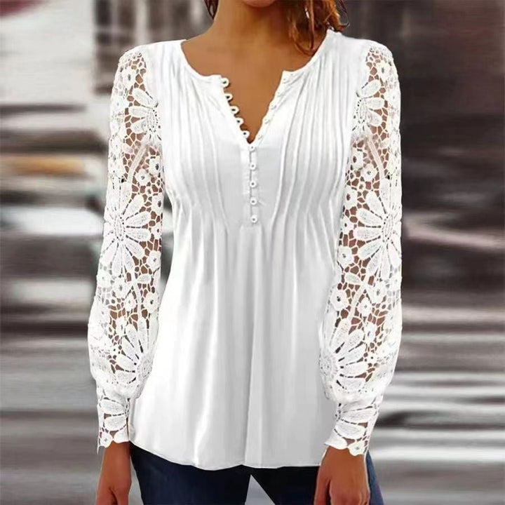 Women's Floral Long Sleeve Relaxed-Fit Henley Blouse - White