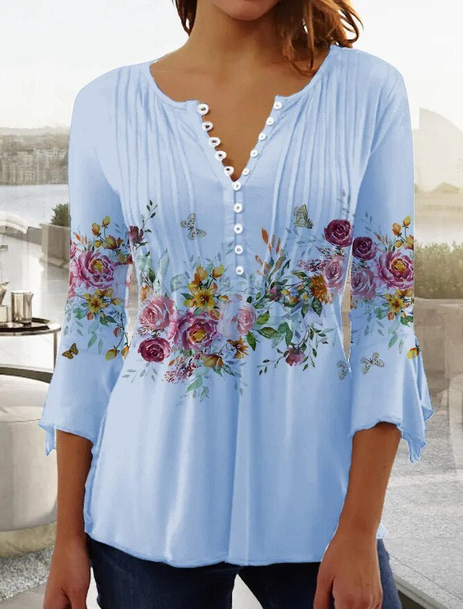 Women's Floral Long Sleeve Relaxed-Fit Henley Blouse - Light Blue