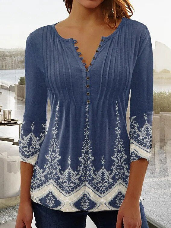 Women's Floral Long Sleeve Relaxed-Fit Henley Blouse - Blue