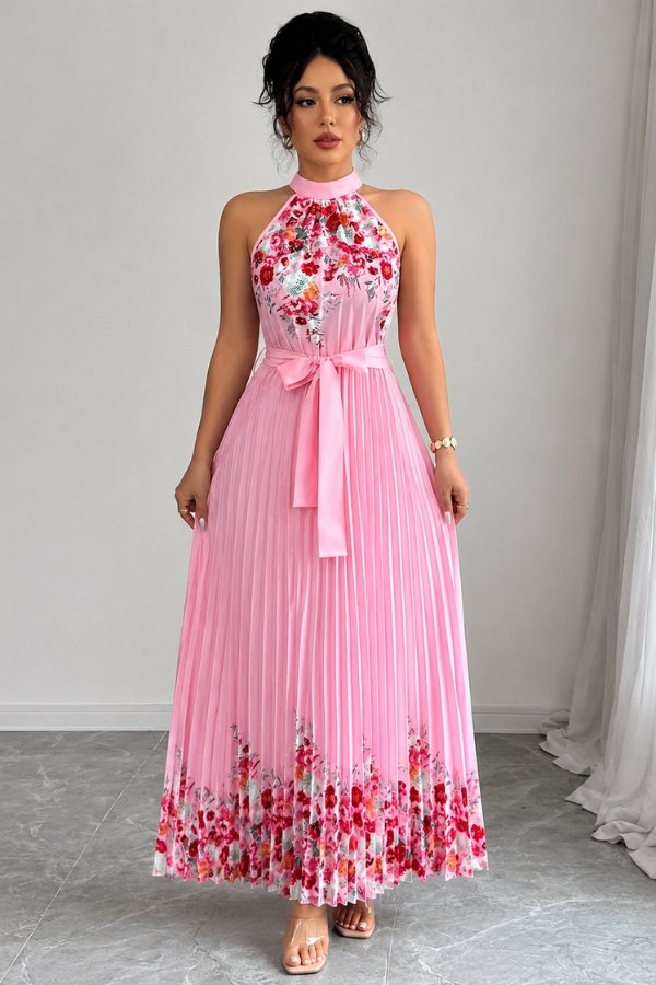 Women's Floral Pleated Halter Evening Gown Midi Dress - Pink