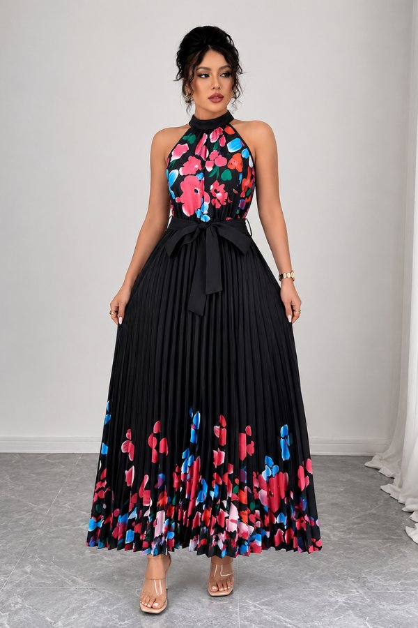 Women's Floral Pleated Halter Evening Gown Midi Dress - Black