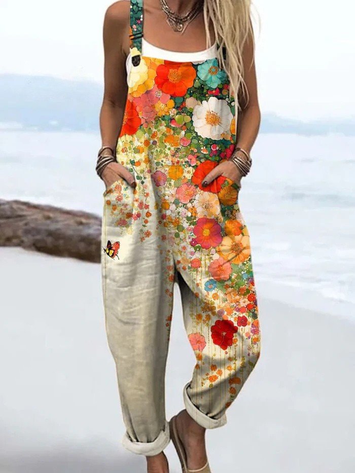 Women's Floral Print Sleeveless Wide Leg Pants Jumpsuit - Multicolour