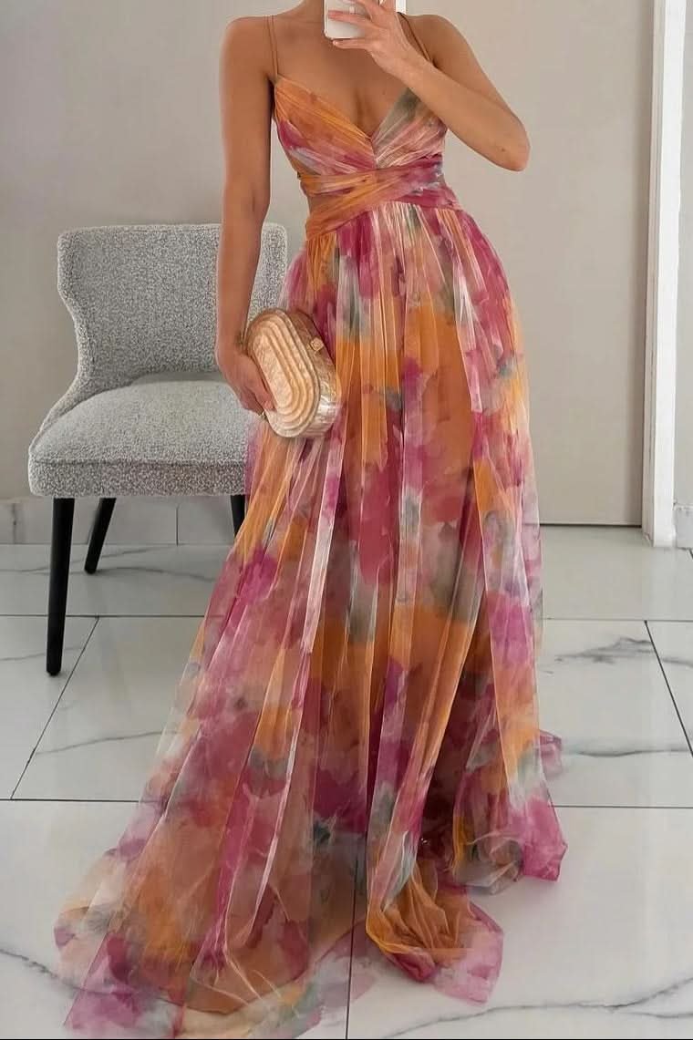 Women's Floral Tulle Sleeveless Maxi Cocktail Dress - Orange