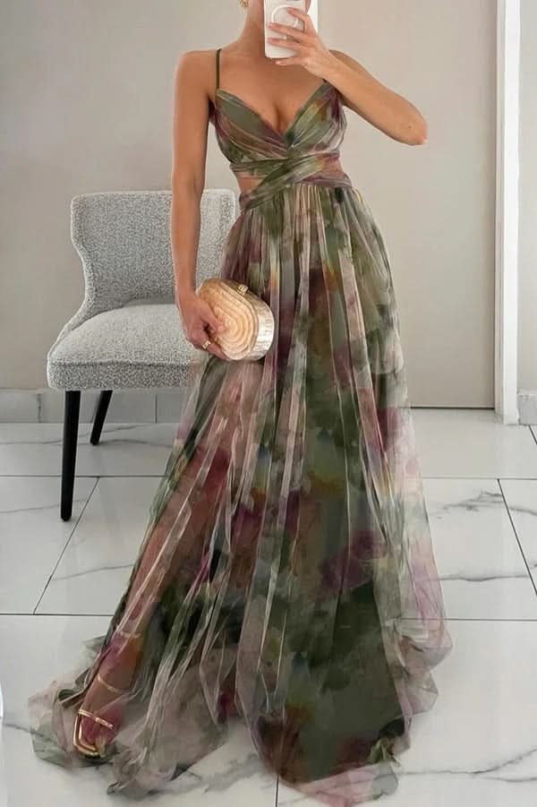Women's Floral Tulle Sleeveless Maxi Cocktail Dress - Green