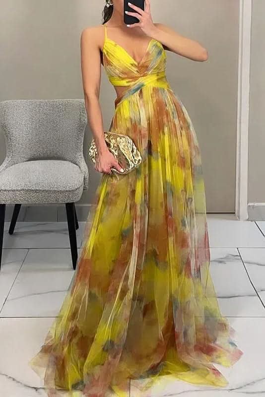 Women's Floral Tulle Sleeveless Maxi Cocktail Dress - Yellow
