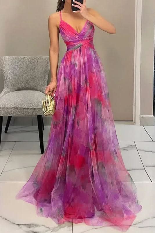 Women's Floral Tulle Sleeveless Maxi Cocktail Dress - Pink