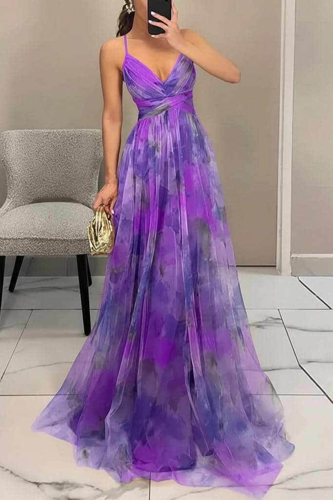 Women's Floral Tulle Sleeveless Maxi Cocktail Dress - Purple