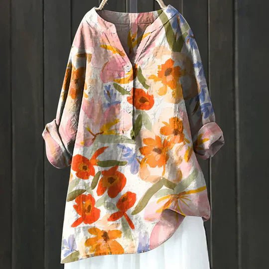 Women's Floral Tunic Top Long Sleeve Button-Up - Orange