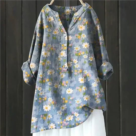 Women's Floral Tunic Top Long Sleeve Button-Up - Blue