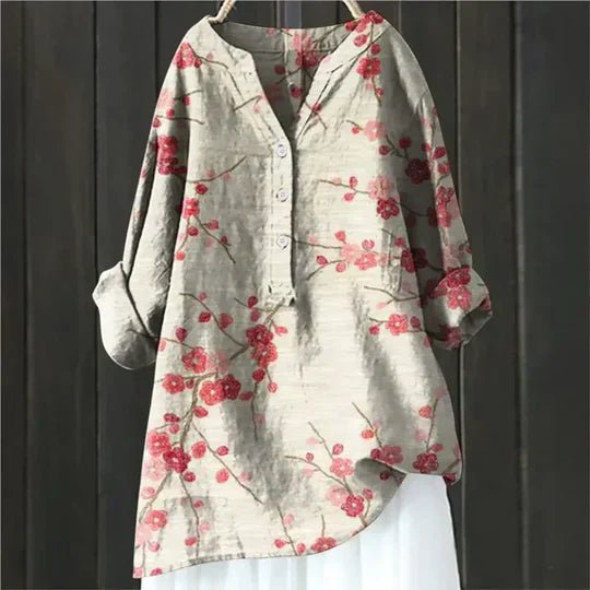 Women's Floral Tunic Top Long Sleeve Button-Up - Red