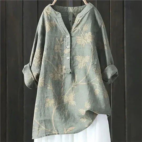 Women's Floral Tunic Top Long Sleeve Button-Up - Light Green