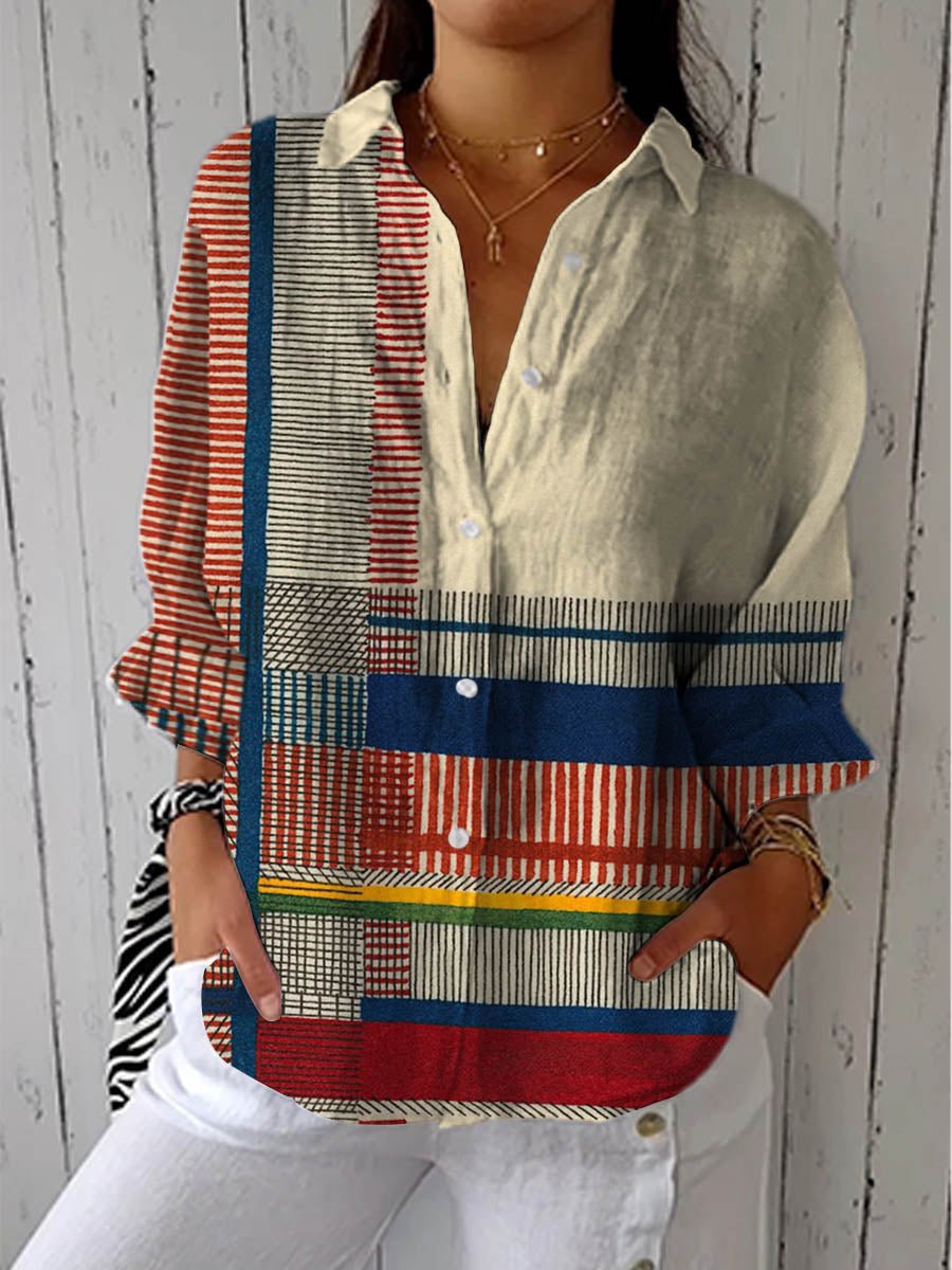 Women's Geometric Print Button-Up Blouse Long Sleeve - Multicolor