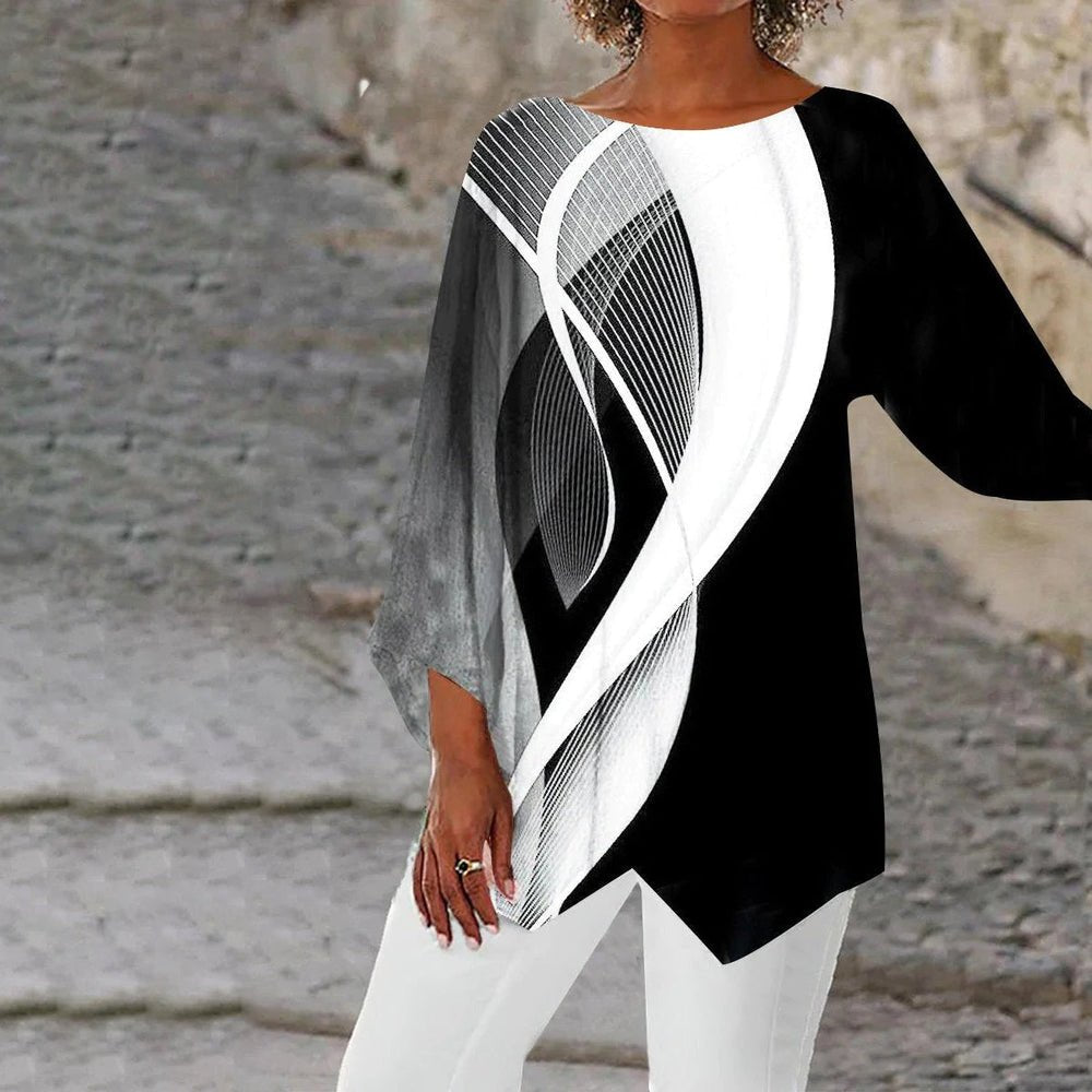 Women's Geometric Print Long-Sleeve Asymmetric Hem Tunic Top - Schwarz und weiß