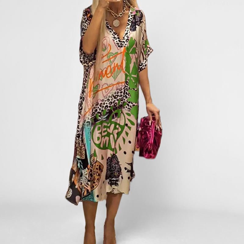 Women's Graphic Print V-Neck Swing Tunic Dress - Grün