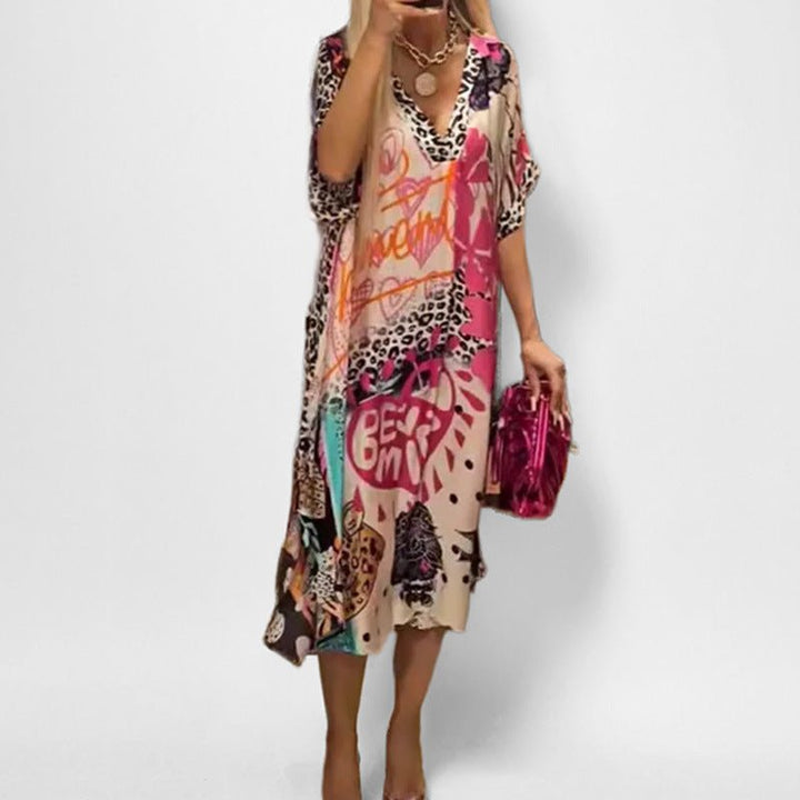 Women's Graphic Print V-Neck Swing Tunic Dress - Rosa