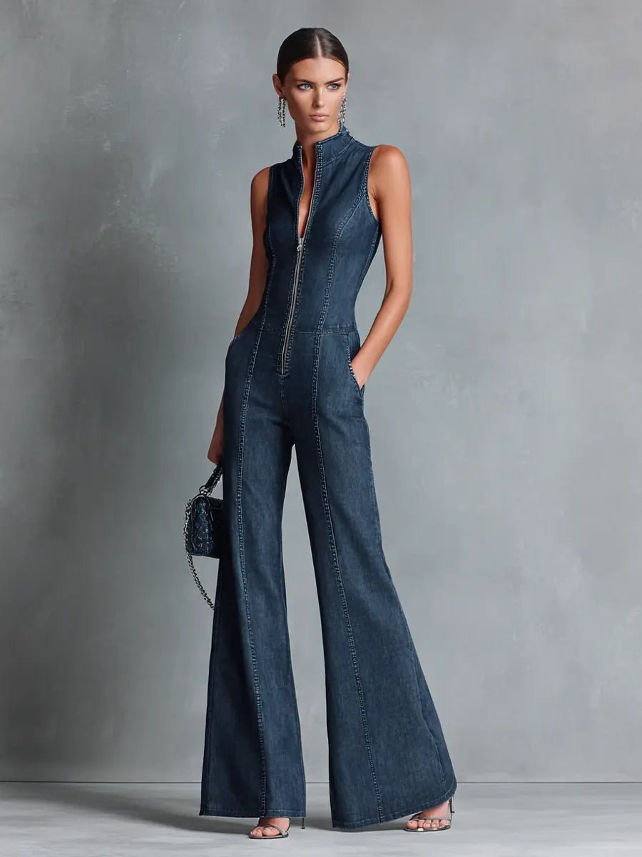 Women's High Neck Zip Front Flare Leg Denim Jumpsuit