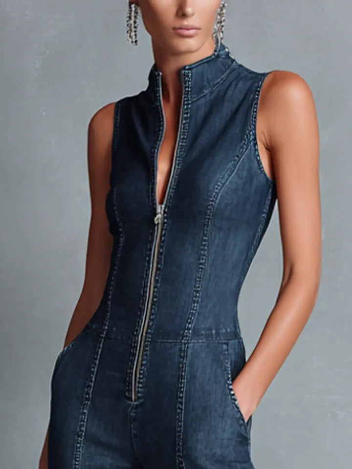 Women's High Neck Zip Front Flare Leg Denim Jumpsuit