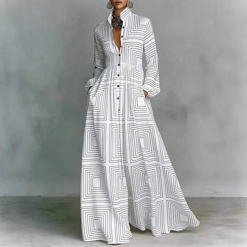Women's High-Waist Geometric Print Long-Sleeve Shirt Dress - White