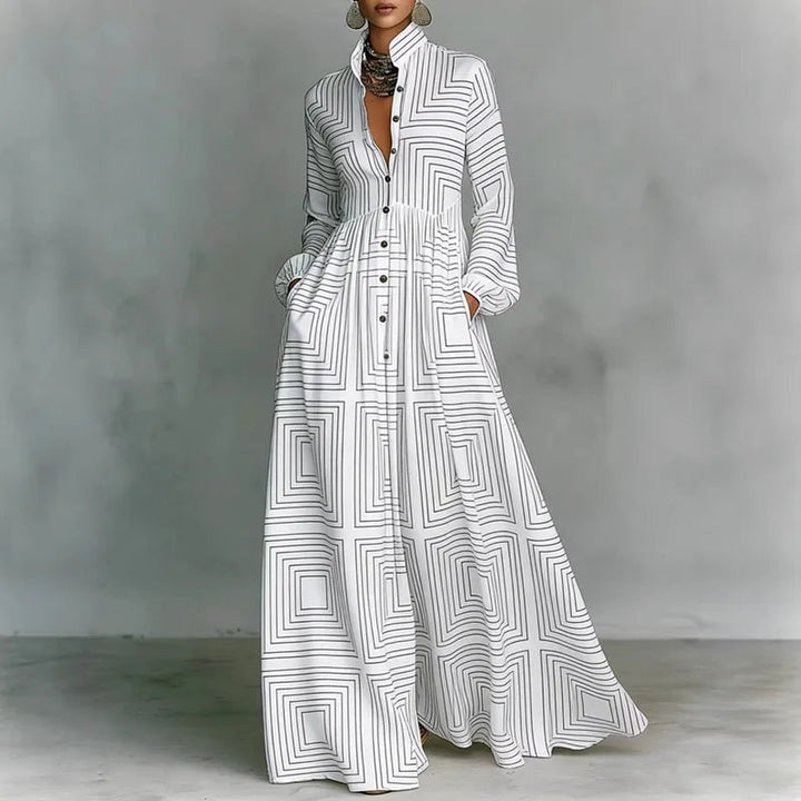 Women's High-Waist Geometric Print Long-Sleeve Shirt Dress - White